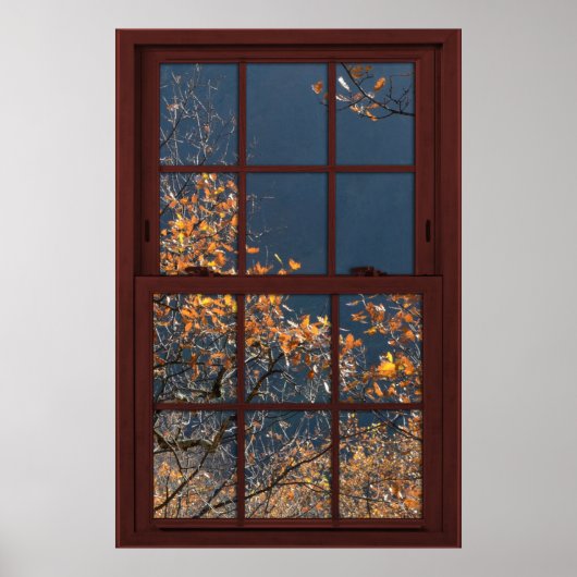 Cherry Wood Faux Window Autumn Leaves Uitzicht 2 o Poster (Voorkant)