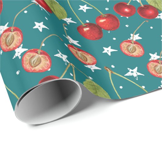 Cherry Wrapping Paper met Dusty Blue Background Cadeaupapier (Rol Hoek)