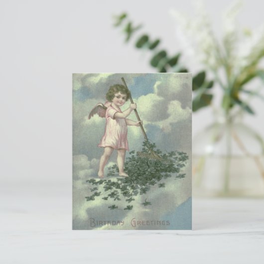 Cherub Angel Four Leaf Clover Rake Briefkaart (Staand voorkant)