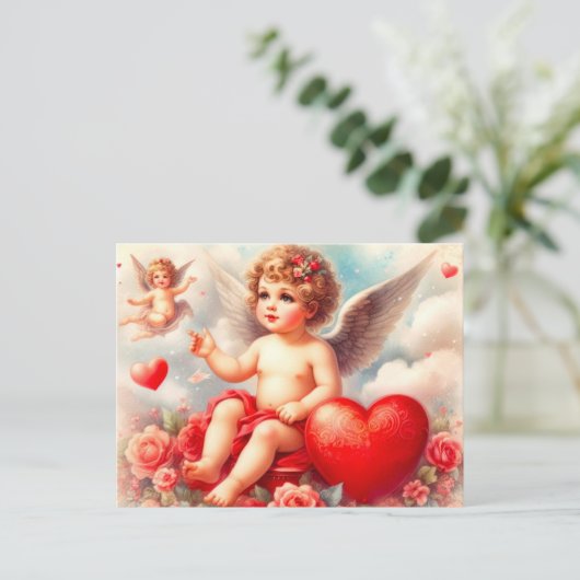  Cherub Angel met Roze Rozen Briefkaart (Staand voorkant)