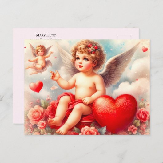 Cherub Angel met Roze Rozen Briefkaart (Voorkant / Achterkant)