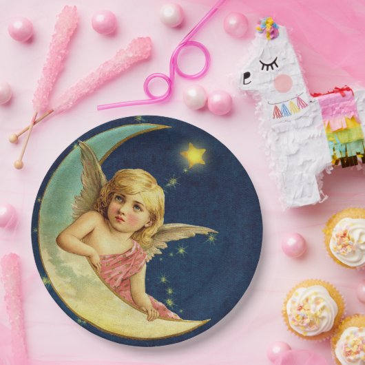  Cherub Celestial Moon Angel Baby Meisje Blauw Papieren Bordje (Feest)