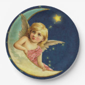  Cherub Celestial Moon Angel Baby Meisje Blauw Papieren Bordje (Voorkant)