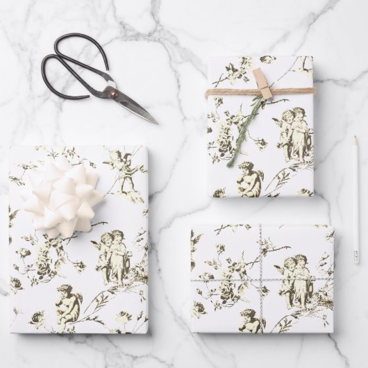  Cherub Cupid Angels Bloemen Beige Toile Inpakpapier Vel (Voorkant)