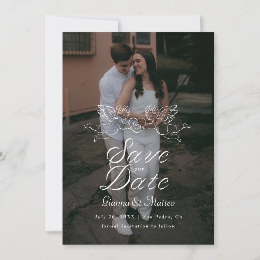 Cherub Cupid Couple Holding Heart Wedding Photo Save The Date (Voorkant)