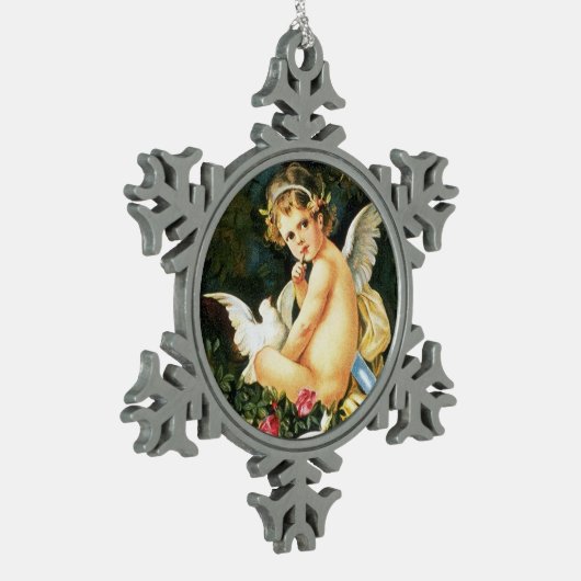 Cherub Cupid Dove Roos Heart Tin Sneeuwvlok Ornament (Links)