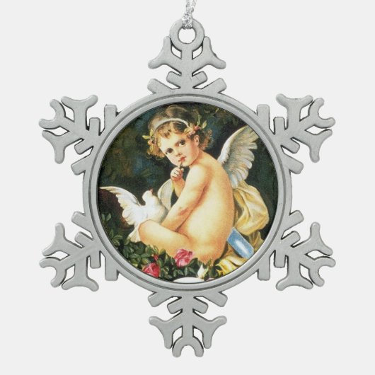 Cherub Cupid Dove Roos Heart Tin Sneeuwvlok Ornament (Voorkant)