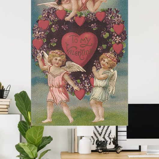 Cherub Cupid Heart Violets Valentijn Poster (Thuiskantoor)