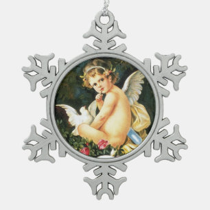 Cherub Cupido Duif Roos Hart Tin Sneeuwvlok Ornament