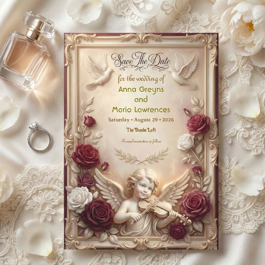 Cherub & Doves Ornate Save The Date Magnetische Uitnodiging