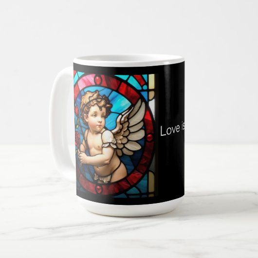 Cherub Glas in lood Mok: Liefde is geduldig Kind Koffiemok (Voorkant links)