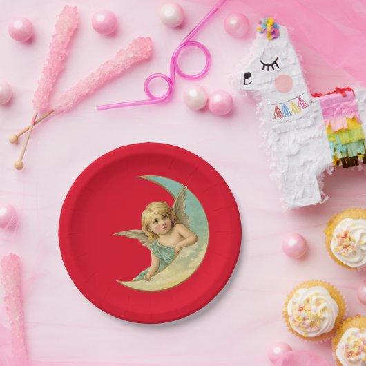  Cherub in Crescent Moon Papieren Bordje (Feest)