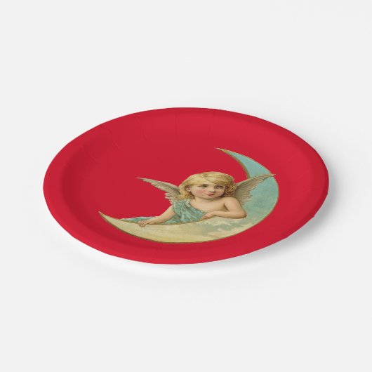  Cherub in Crescent Moon Papieren Bordje (Gekanteld)