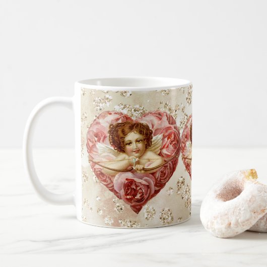 Cherub met Arrow-Rozen Heart Bokeh Bling Koffiemok (Met donut)
