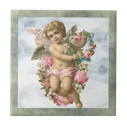 Cherub met de Decoratieve Tile Flowers #2 Tegeltje (Voorkant)