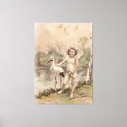  Cherub met Stork bij Lake Canvas Afdruk (Voorkant)