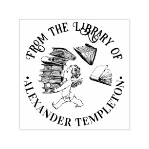 Cherub met vallende stapel boeken Bibliotheeknaam Zelfinktende Stempel