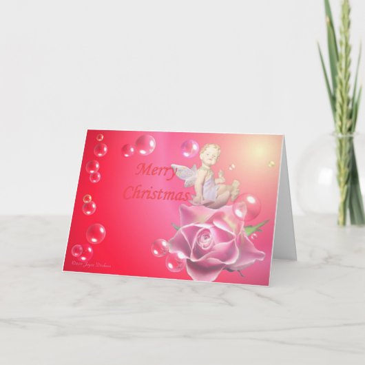 Cherub op een Roos met bubbels - Vrolijk kerstfees Feestdagen Kaart (Voorkant)