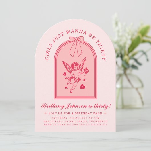 Cherub & Pink Bow Coquette Modern 30e verjaardag Kaart (Staand voorkant)