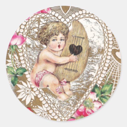Cherub Speel Harp Illustratie Ronde Sticker (Voorkant)