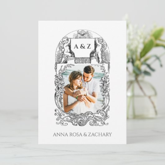 *~* Cherub Victoriaans QR PHOTO AR6 RSVP Weddensch Kaart (Staand voorkant)