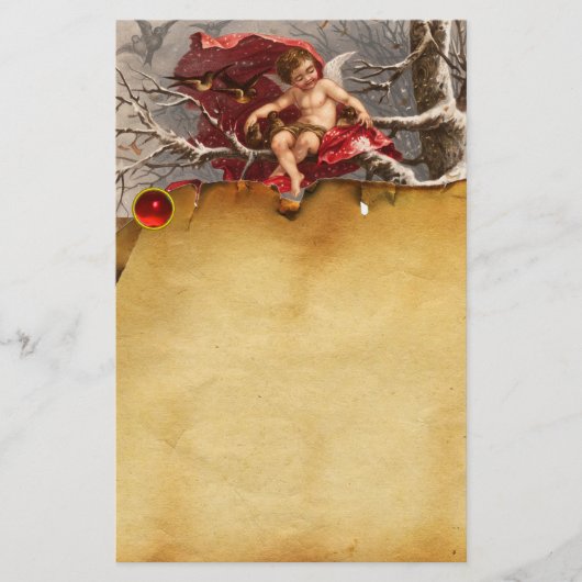 CHERUB, WINTERBOOM EN VOGELS Kerstperkament Briefpapier (Voorkant)