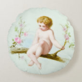 Cherubic Cupid Sits on Pink Flower Vine Swing Rond Kussen (Voorkant)