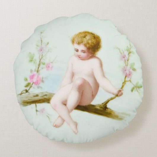 Cherubic Cupid Sits on Pink Flower Vine Swing Rond Kussen (Achterkant)
