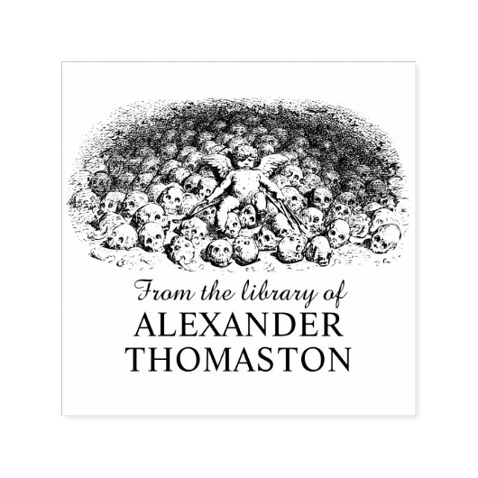 Cherubijn Engel op stapel schedels bibliotheek boe Zelfinktende Stempel (Design)