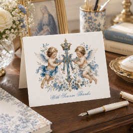 Cherubijnse engel blauwe bloemrijke Maria monogram Bedankkaart