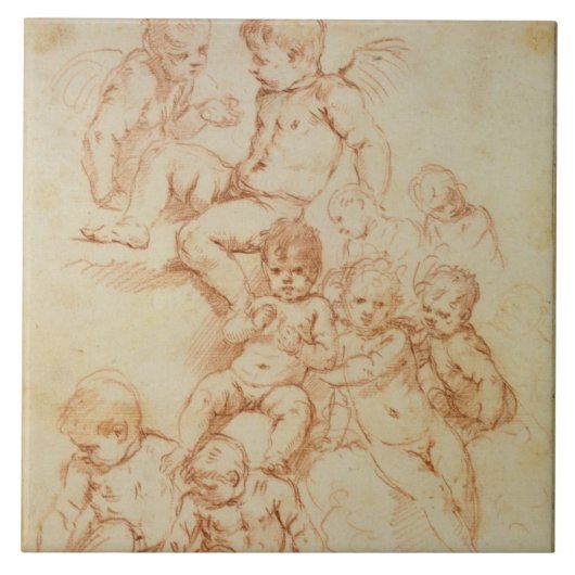 Cherubs, begin 17e eeuw (rode krijt op papier) tegeltje (Voorkant)
