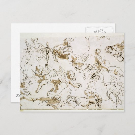 Cherubs, begin 18e eeuw (pen, inkt en was) briefkaart (Voorkant / Achterkant)