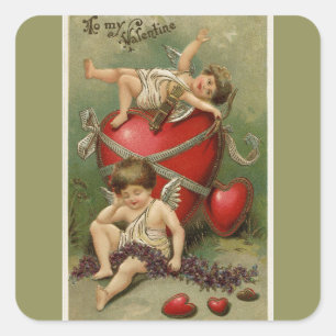  Cherubs en Valentijn Hearts Green Vierkante Sticker