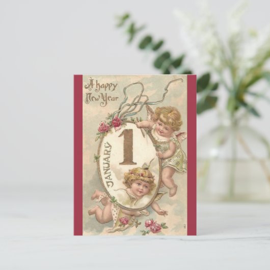  Cherubs Gelukkig Nieuwjaar Briefkaart (Staand voorkant)