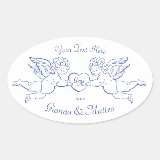 Cherubs Holding Heart Couple Cupids Initials Ovale Sticker (Voorkant)