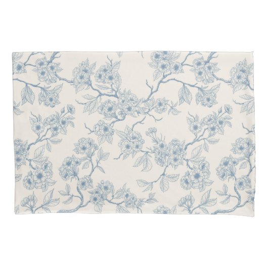 Chery blossom branches in blue and off white kussensloop (Voorkant-Links)