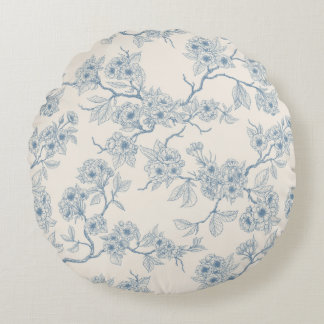 Chery blossom branches in blue and off white rond kussen