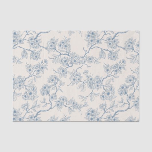 Chery blossom branches in blue and off white tissuepapier (Voorkant)