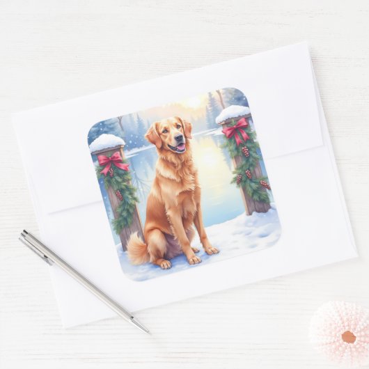 Chesapeake Bay Retriever Winter Lakeside Christmas Vierkante Sticker (Envelop)