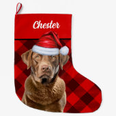 Chesapeake Retriever Holiday Plaid Gepersonaliseer Grote Kerstsok (Voorkant)