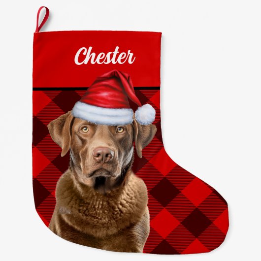 Chesapeake Retriever Holiday Plaid Gepersonaliseer Grote Kerstsok (Voorkant)