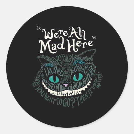 Cheshire Alice Cat We're All Mad Here Wonderland Ronde Sticker (Voorkant)