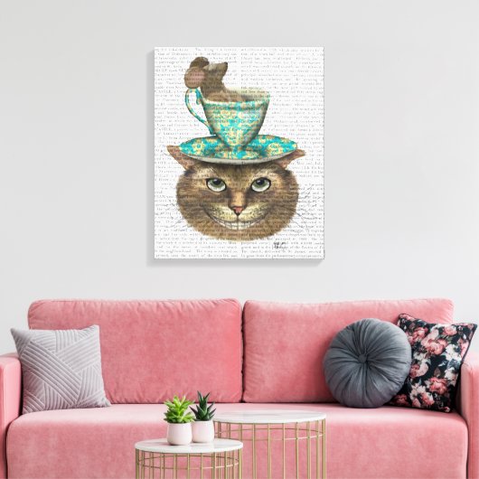 Cheshire Cat met Cup op kop Canvas Afdruk (Insitu (Woonkamer))