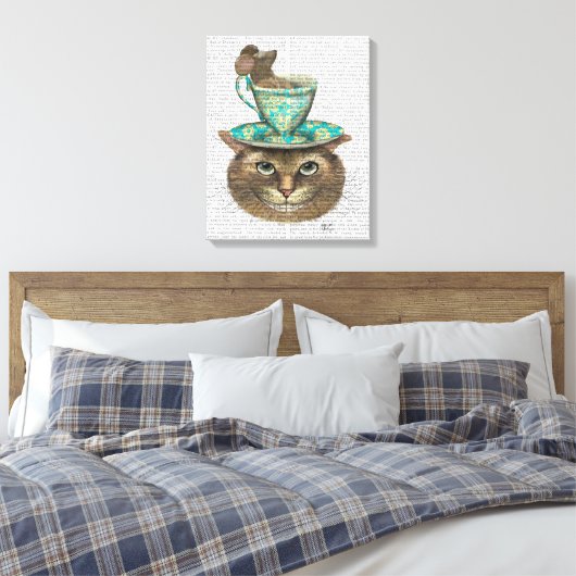 Cheshire Cat met Cup op kop Canvas Afdruk (Insitu (Slaapkamer))