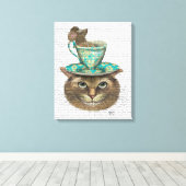 Cheshire Cat met Cup op kop Canvas Afdruk (Insitu (Houten vloer))