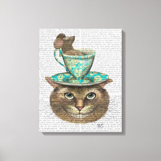 Cheshire Cat met Cup op kop Canvas Afdruk (Voorkant)