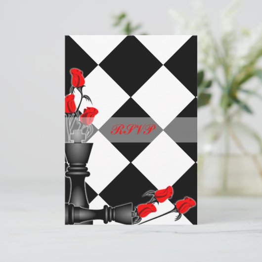 Chess and Rozen Gothic Wedding RSVP Kaartje (Staand voorkant)