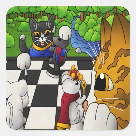 Chess Cats in het park Jigzaag Puzzle Vierkante Sticker (Voorkant)