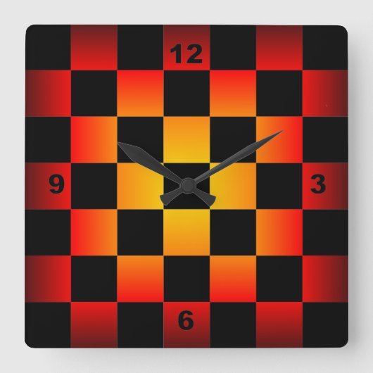 Chess ~ Checkerboard Clock Black & Fire Background Vierkante Klok (Voorkant)