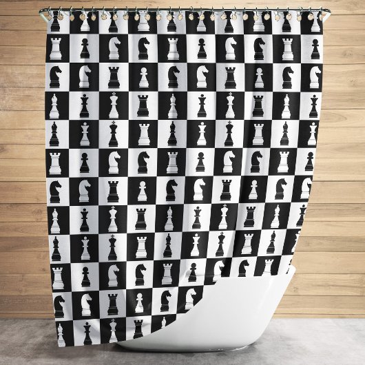 Chess Game Figtern Pattern Black and White Douchegordijn
